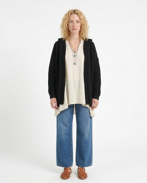 Ravin Oversized Hooded Chunky Knit Cardigan - Black - R212642