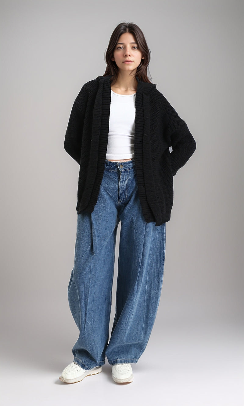 R212642 - Hooded Open Neckline Knitted Cardigan - Black