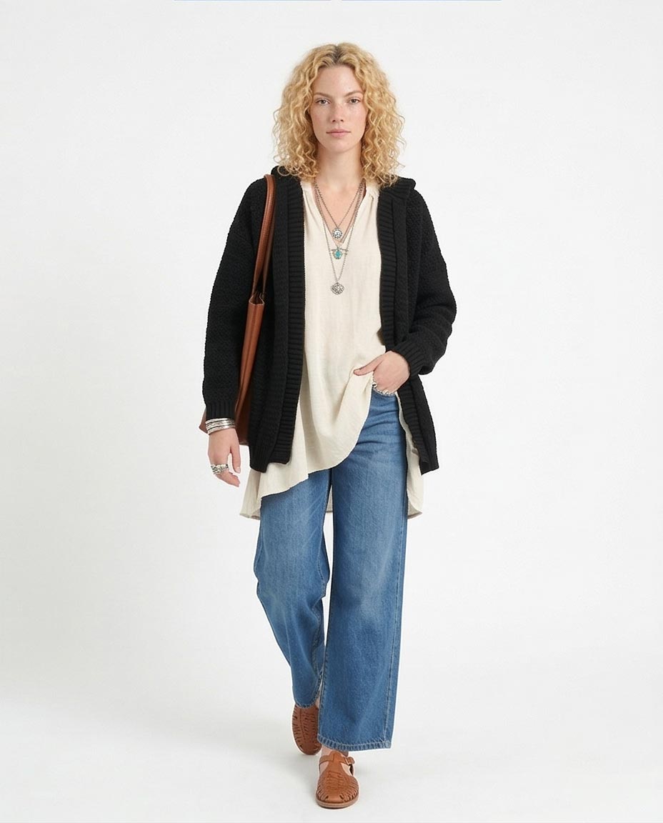 Ravin Oversized Hooded Chunky Knit Cardigan - Black - R212642