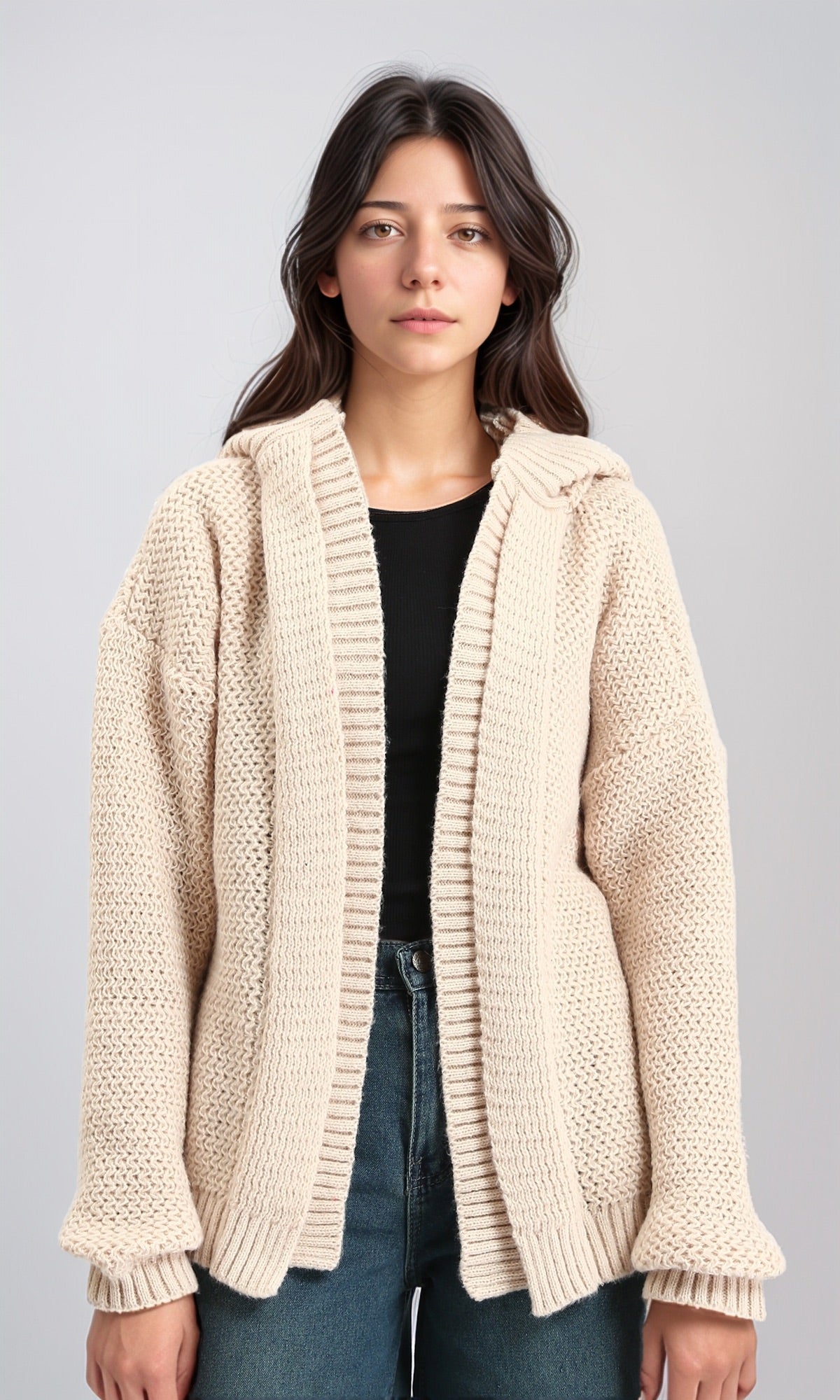 Hooded Open Neckline Knitted Cardigan - Beige