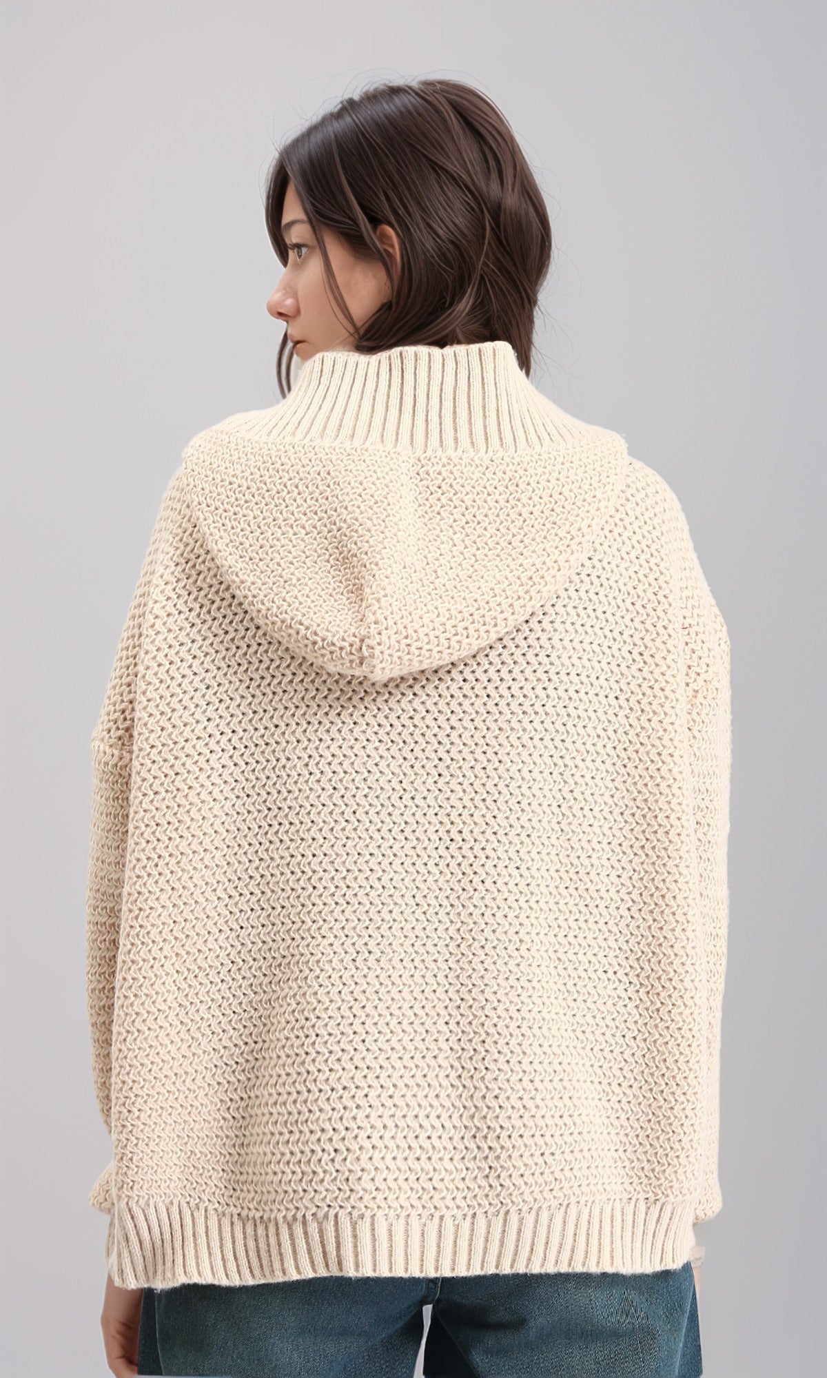 R212643 - Hooded Open Neckline Knitted Cardigan - Beige