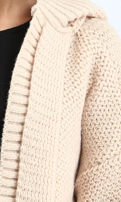 R212643 - Hooded Open Neckline Knitted Cardigan - Beige