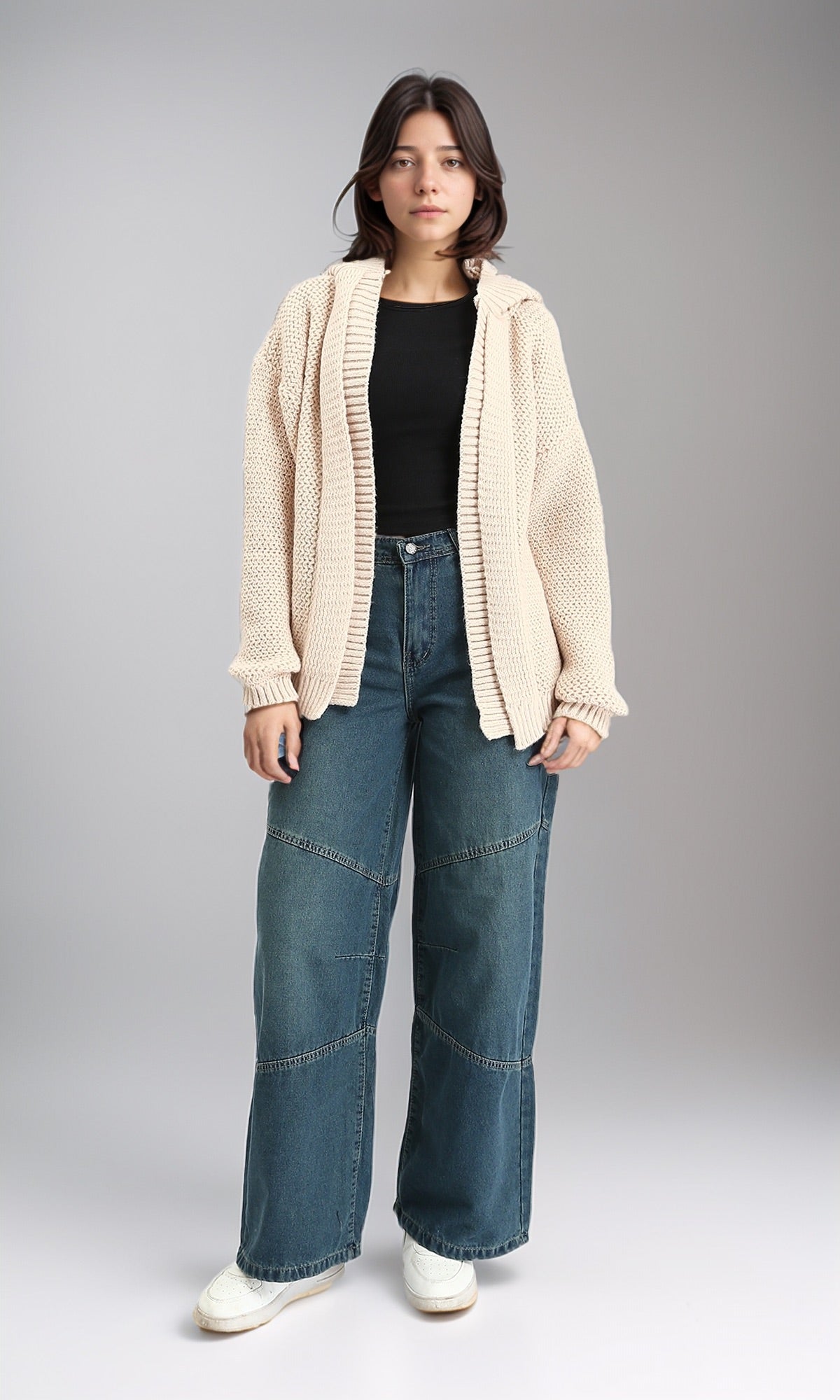 R212643 - Hooded Open Neckline Knitted Cardigan - Beige