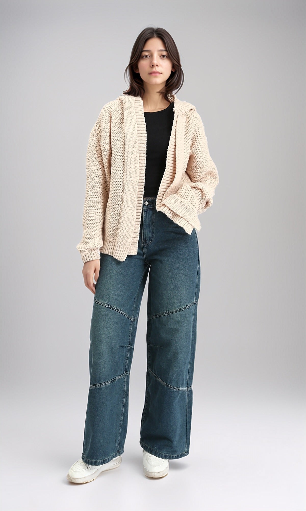 R212643 - Hooded Open Neckline Knitted Cardigan - Beige
