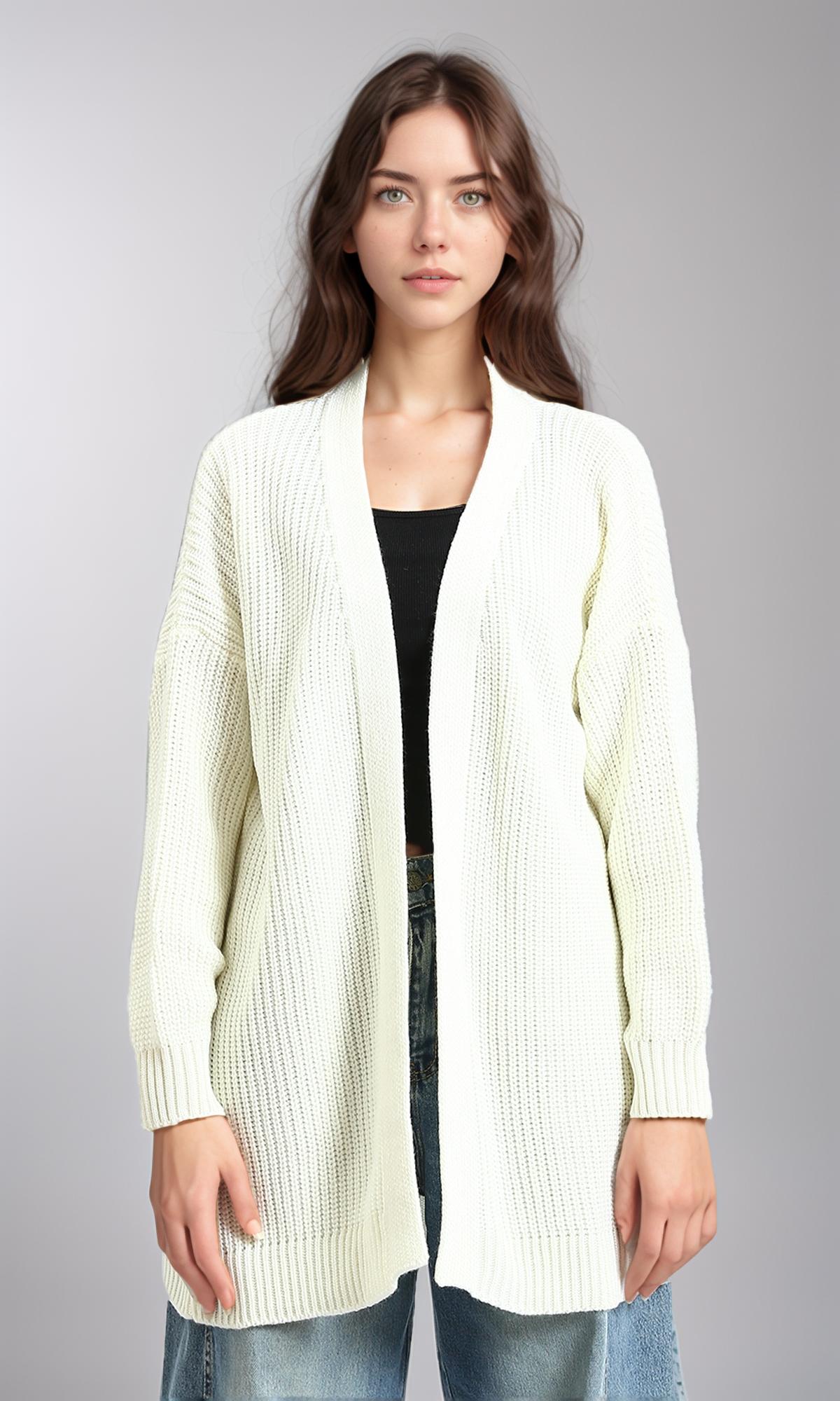Open Neckline Knitted Cardigan - Off-White