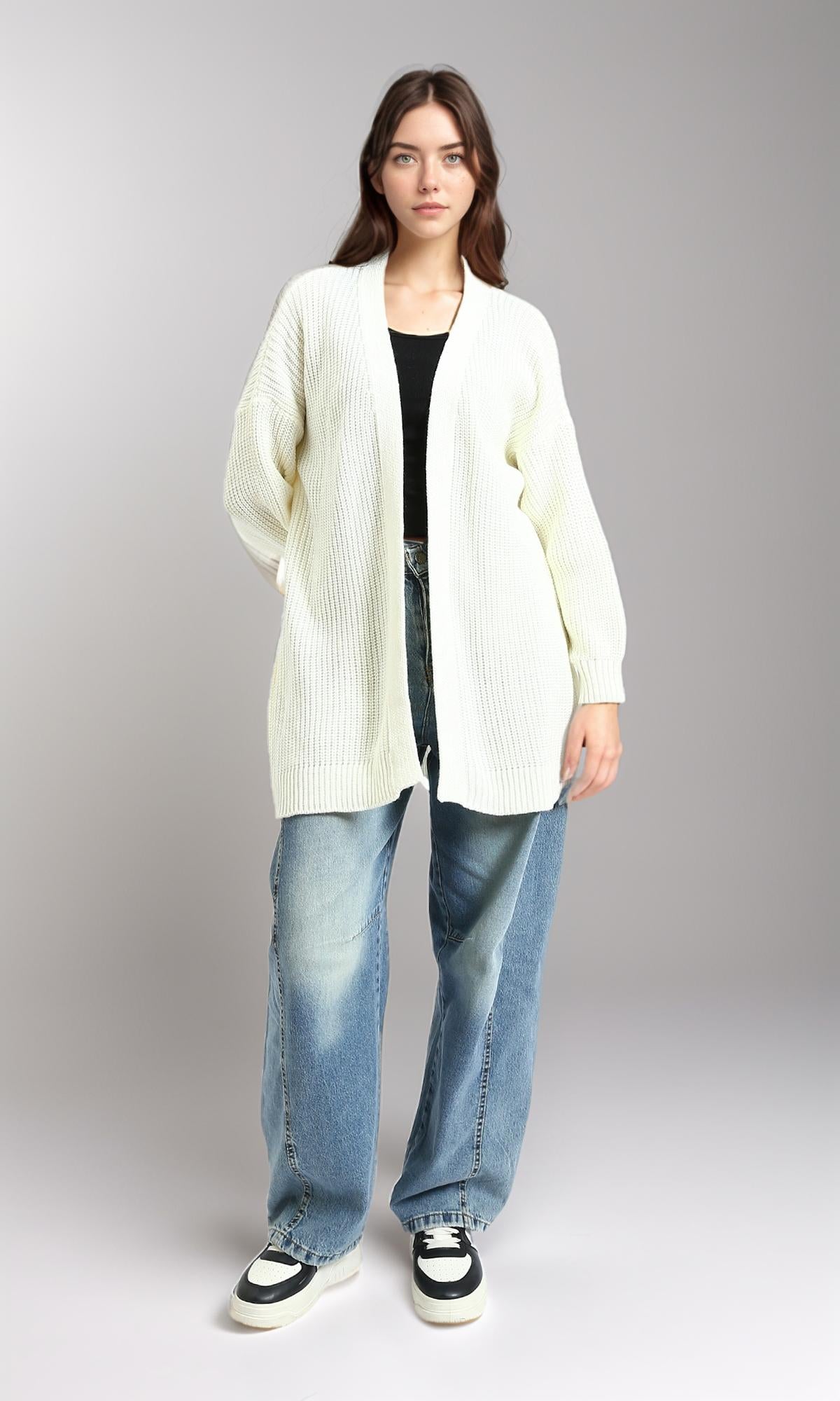 R212644 - Open Neckline Knitted Cardigan - Off-White