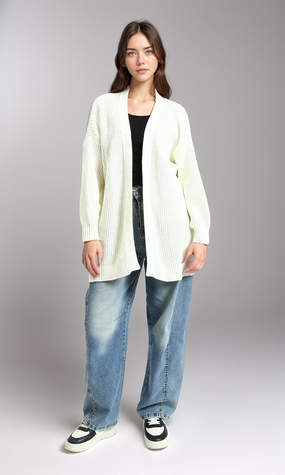 R212644 - Open Neckline Knitted Cardigan - Off-White