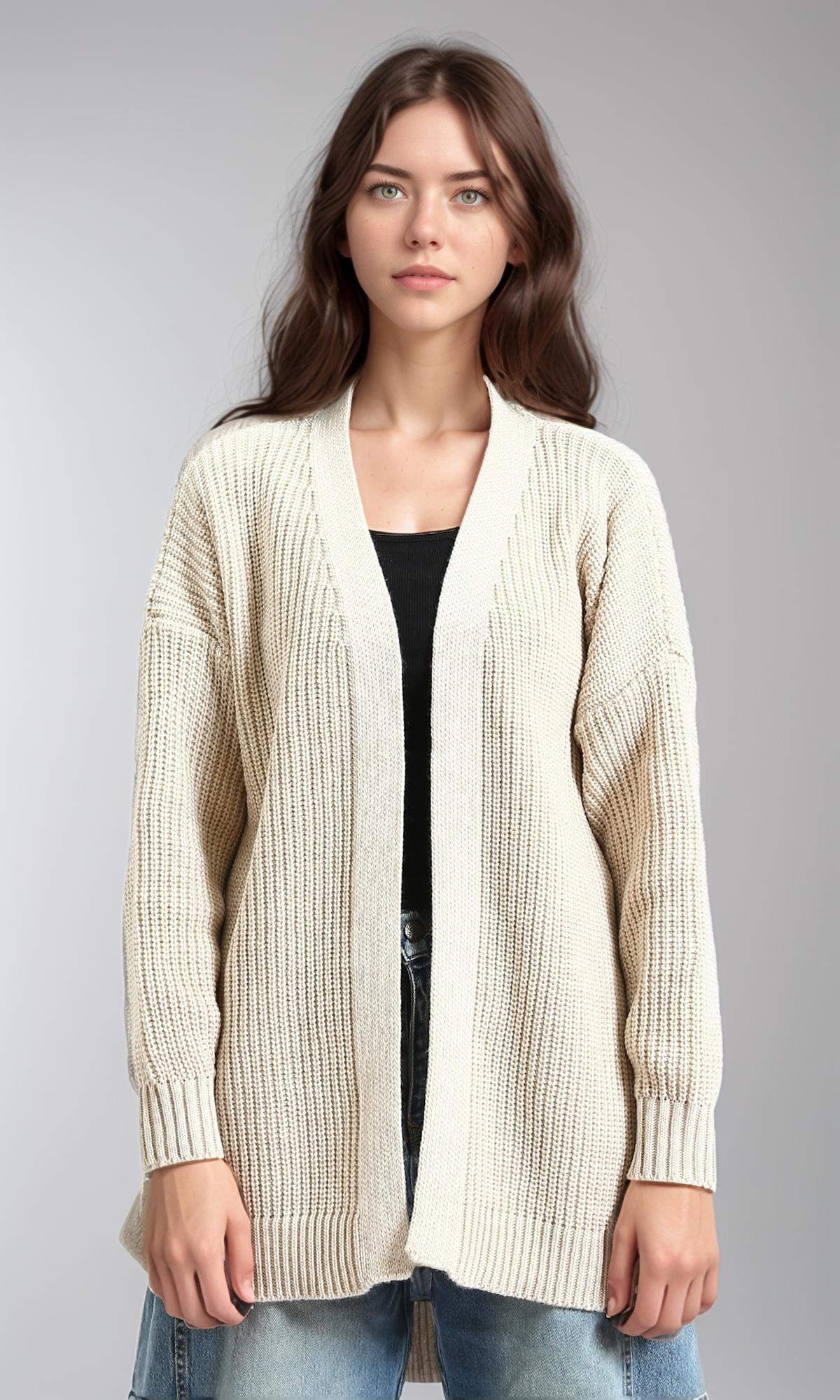 Open Neckline Knitted Cardigan - Light Beige