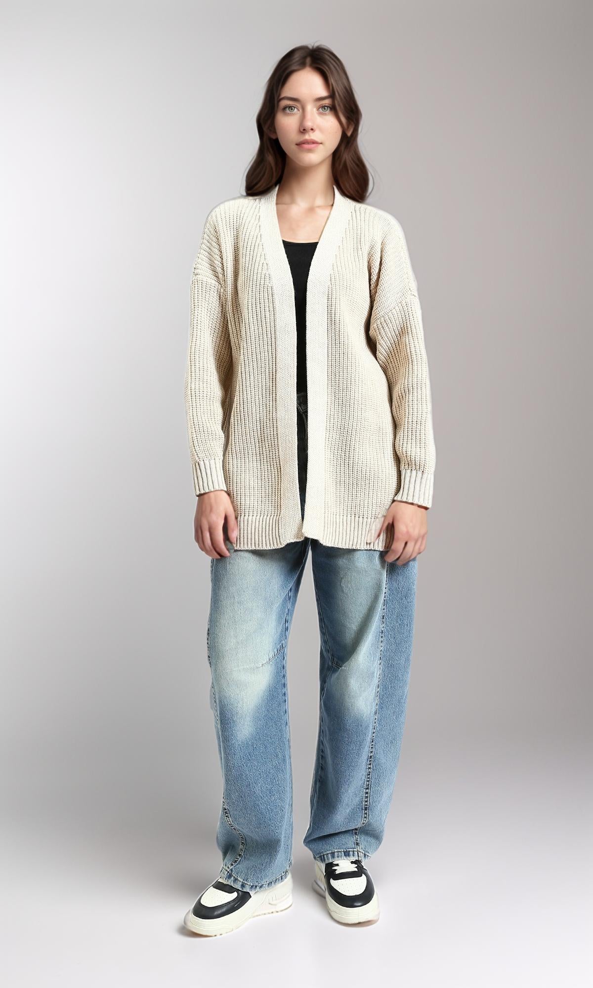 R212645 - كارديجان محبوك بياقة مفتوحة - بيج فاتح