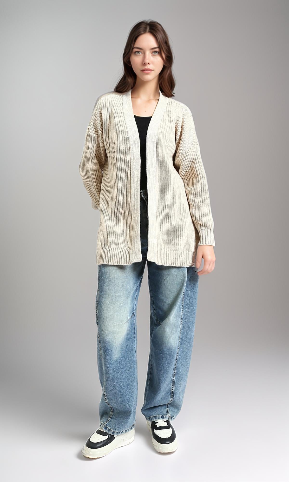 R212645 - كارديجان محبوك بياقة مفتوحة - بيج فاتح