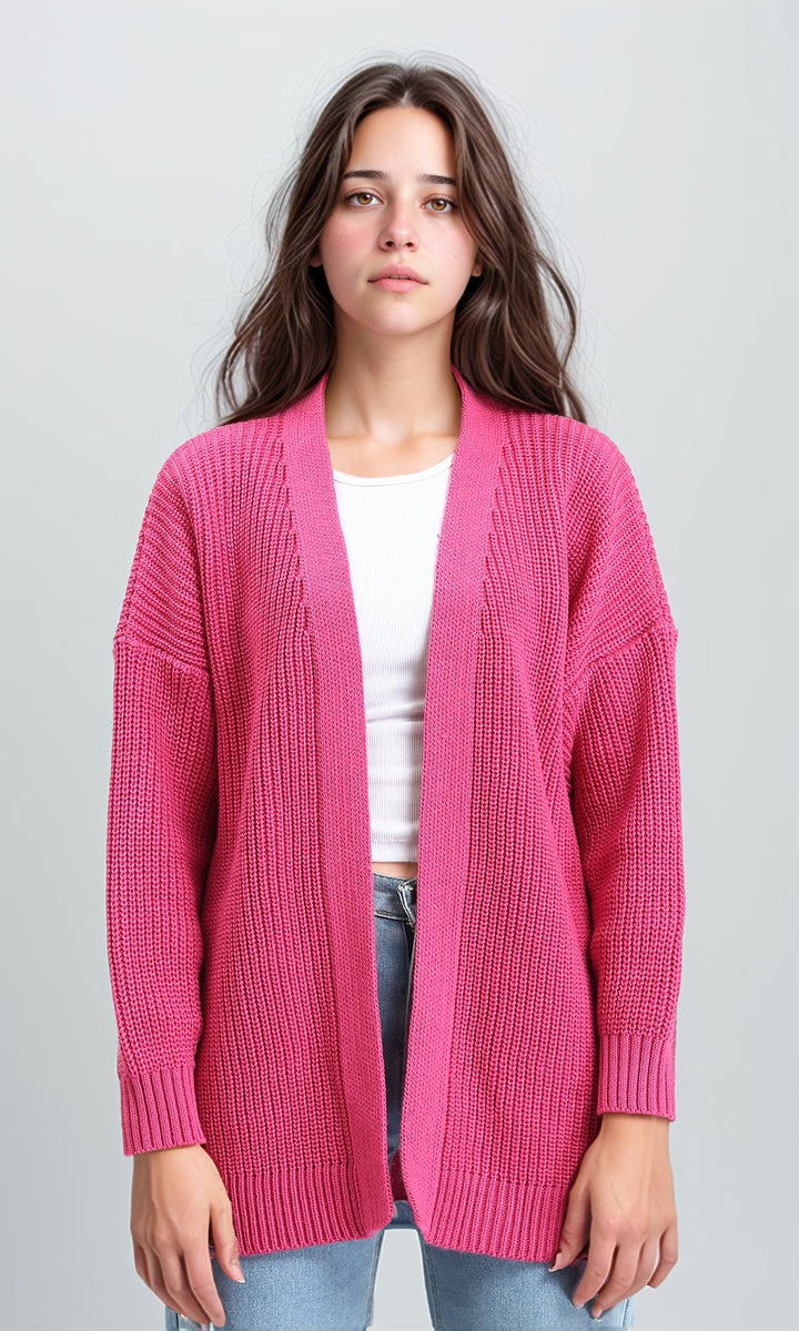 Chunky Knit Slip On Cardigan - Dark Pink