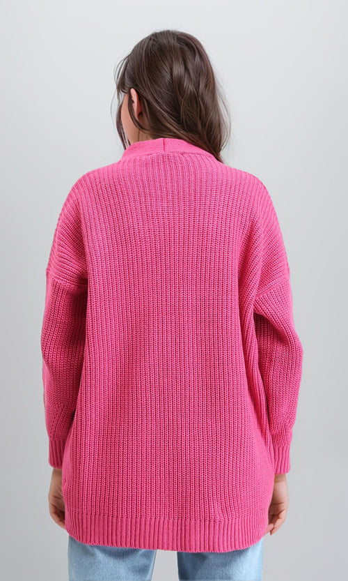 R212646 - Chunky Knit Slip On Cardigan - Dark Pink