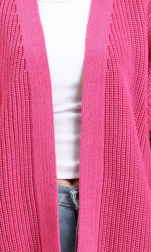 R212646 - Chunky Knit Slip On Cardigan - Dark Pink