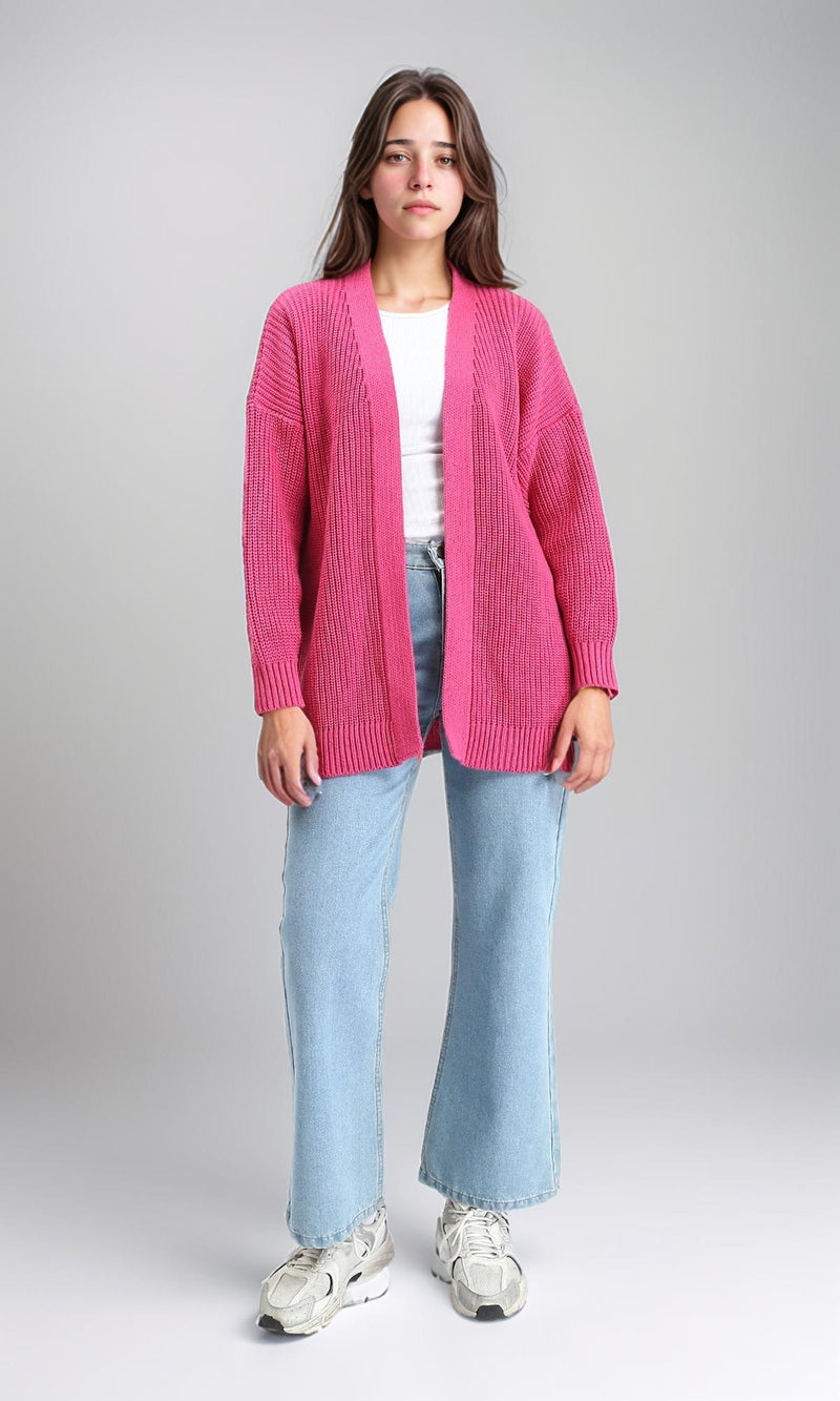 R212646 - Chunky Knit Slip On Cardigan - Dark Pink
