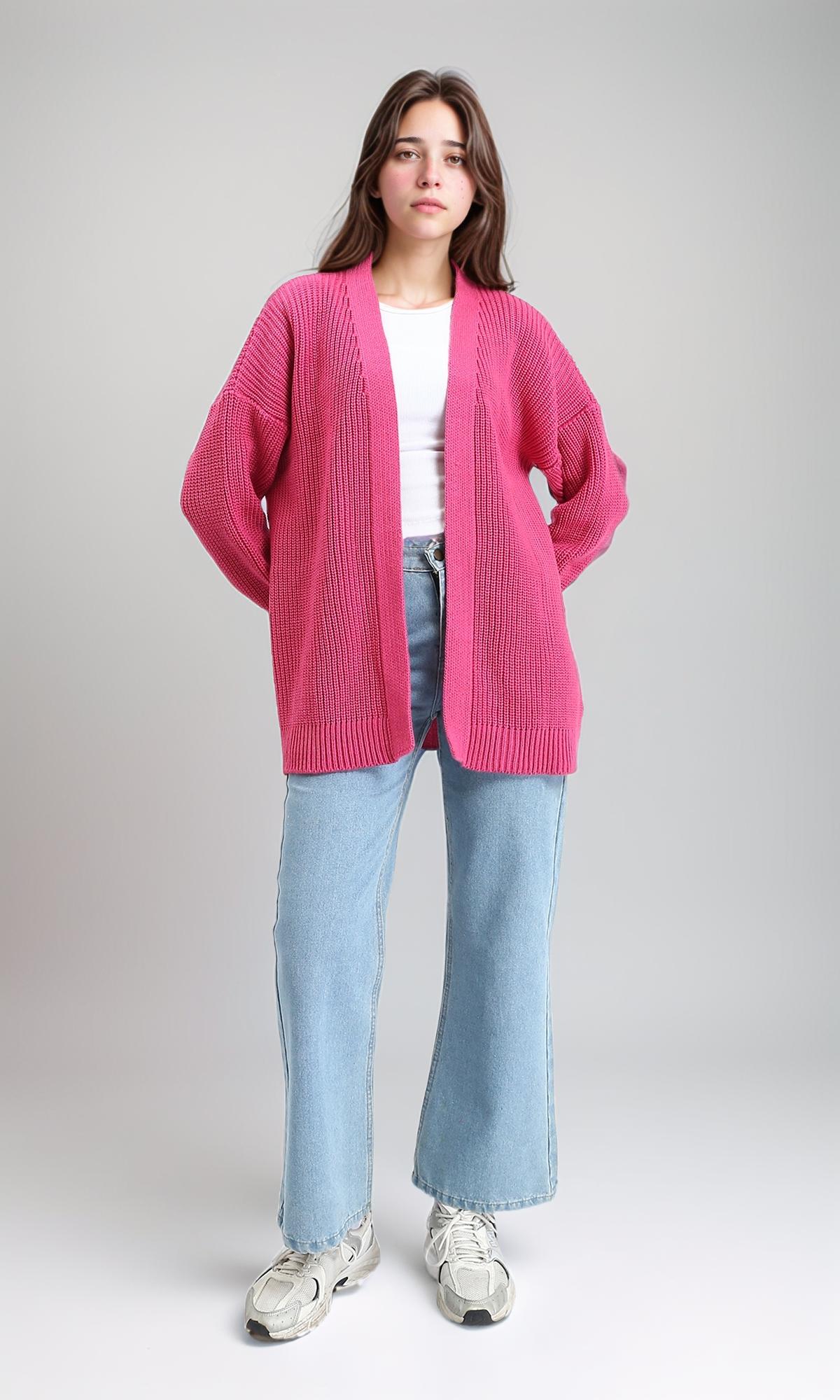 R212646 - Chunky Knit Slip On Cardigan - Dark Pink