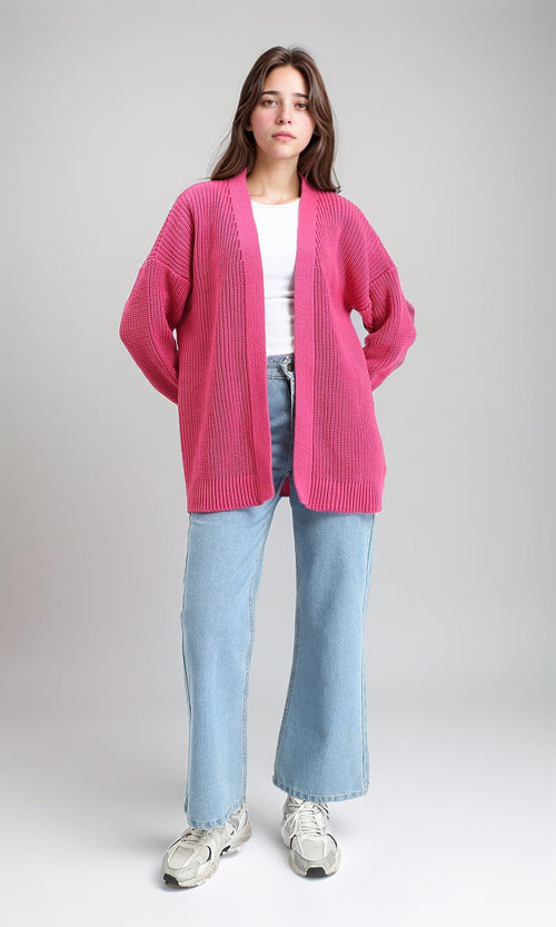 R212646 - Chunky Knit Slip On Cardigan - Dark Pink