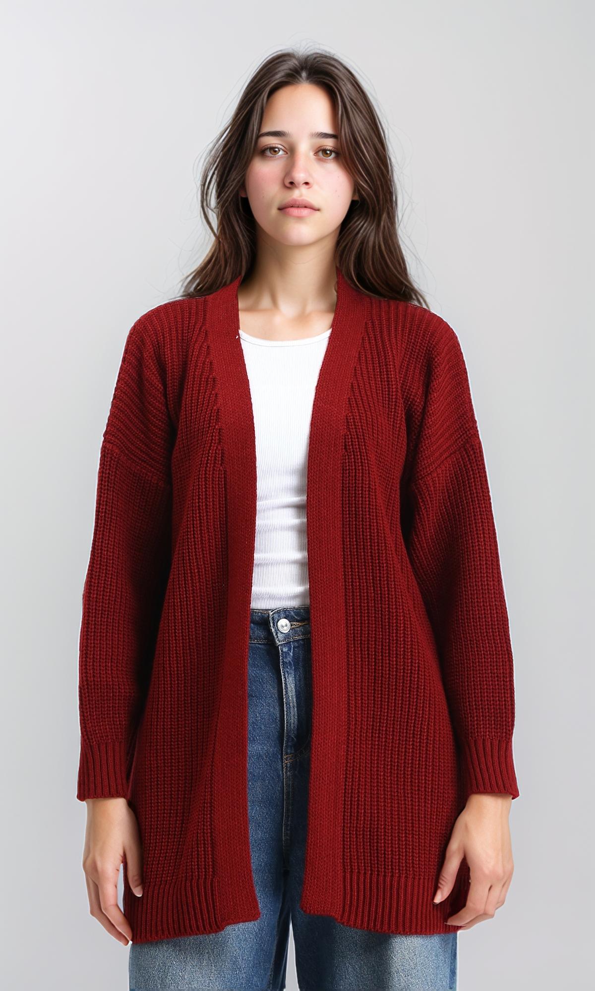 Chunky Knit Slip On Cardigan - Dark Burgundy
