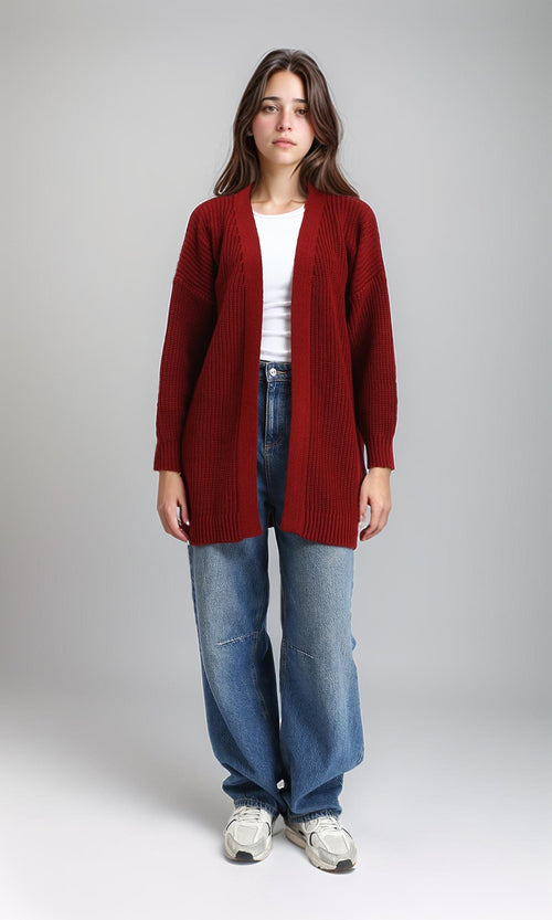 R212647 - Chunky Knit Slip On Cardigan - Dark Burgundy