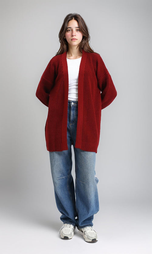 R212647 - Chunky Knit Slip On Cardigan - Dark Burgundy