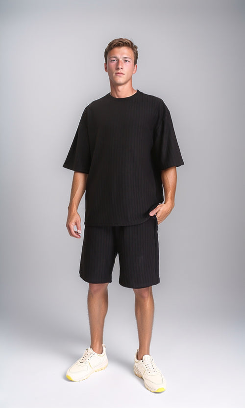 R212649 - Self Striped Slip On Summer Shorts - Black