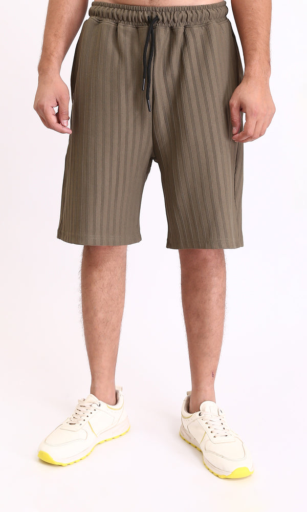 R212650 - Self Striped Slip On Summer Shorts - Khaki Green