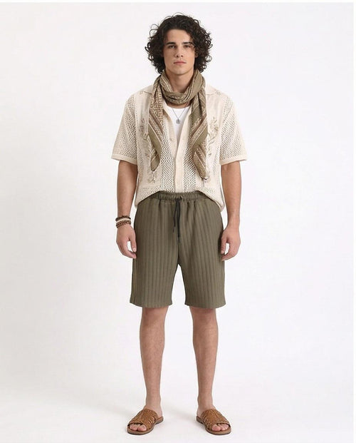 Ravin Men’s Pleated Ribbed Relaxed-Fit Shorts – Olive Green Casual Drawstring Shorts - R212650