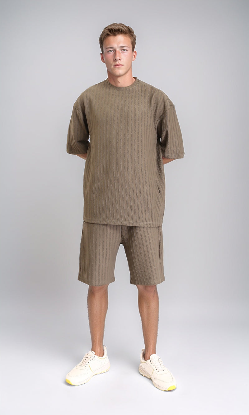 R212650 - Self Striped Slip On Summer Shorts - Khaki Green