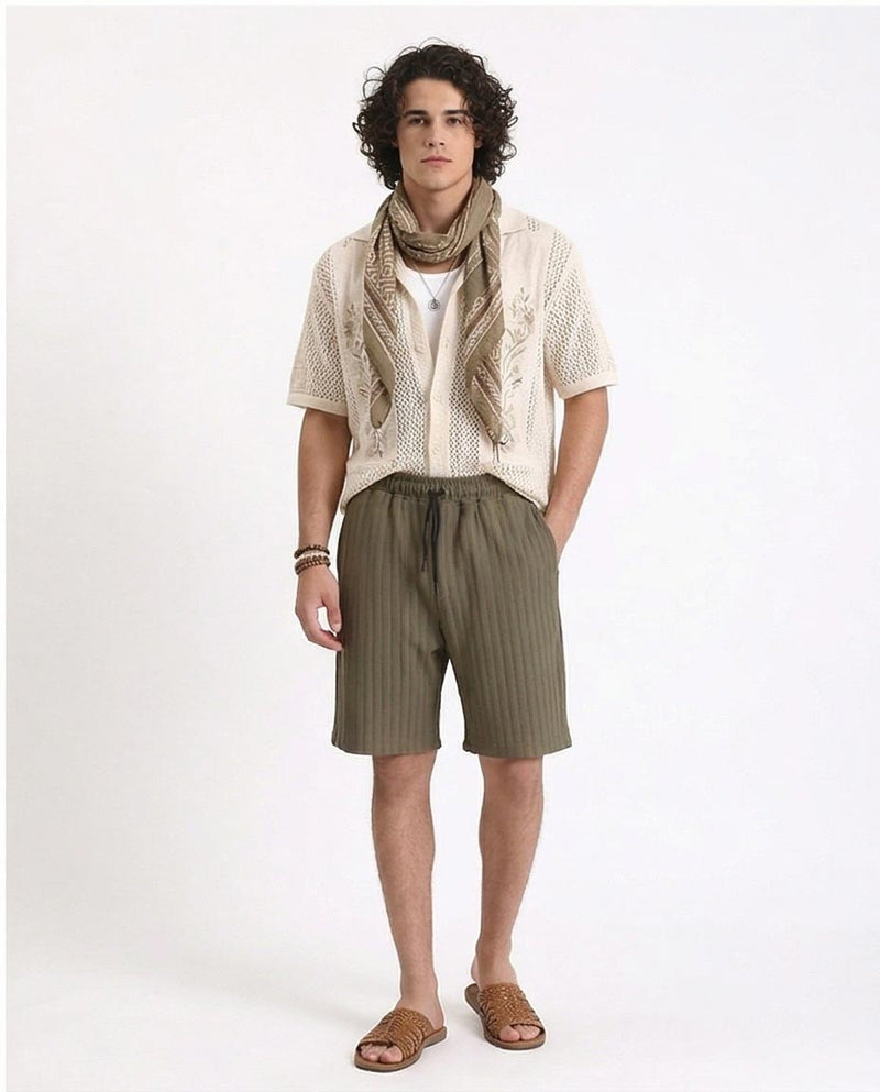 Ravin Men’s Pleated Ribbed Relaxed-Fit Shorts – Olive Green Casual Drawstring Shorts - R212650