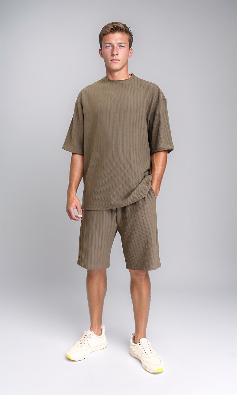 R212650 - Self Striped Slip On Summer Shorts - Khaki Green