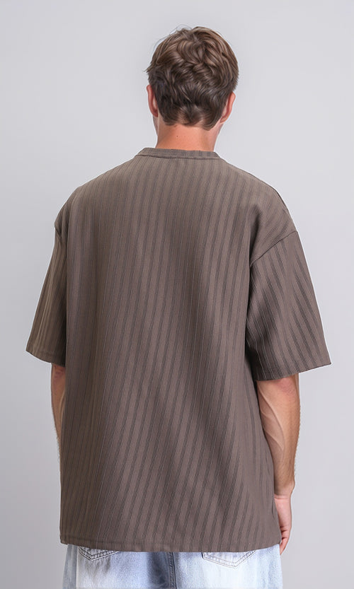 R212651 - Elbow Sleeves Striped Casual Tee - Taupe