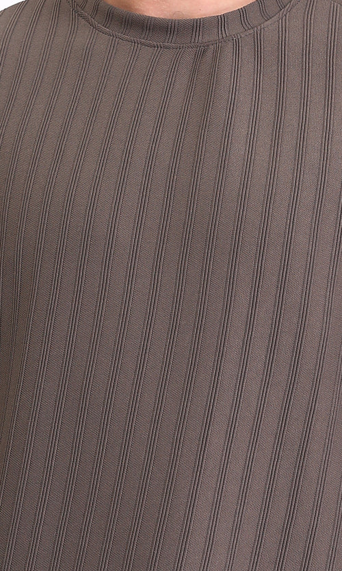 R212651 - Elbow Sleeves Striped Casual Tee - Taupe