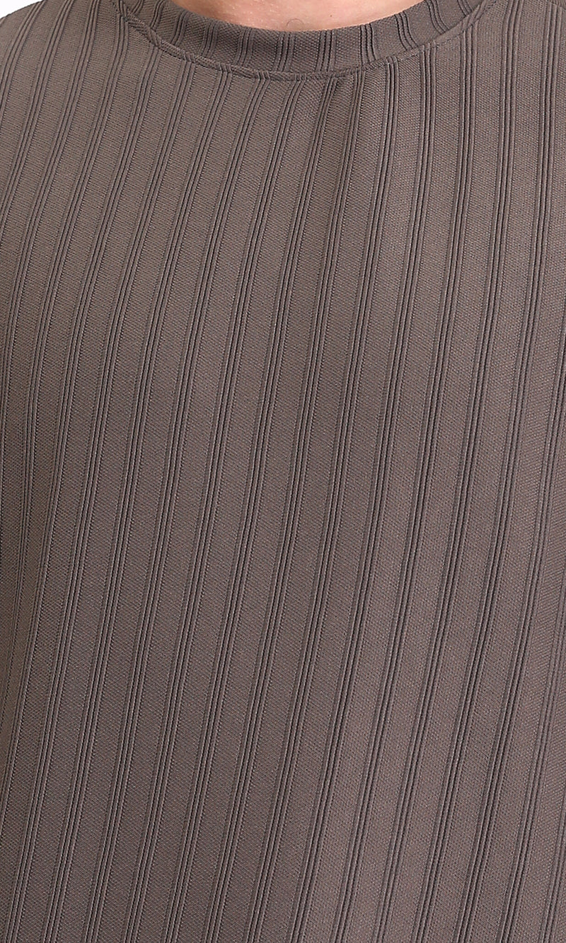 R212651 - Elbow Sleeves Striped Casual Tee - Taupe