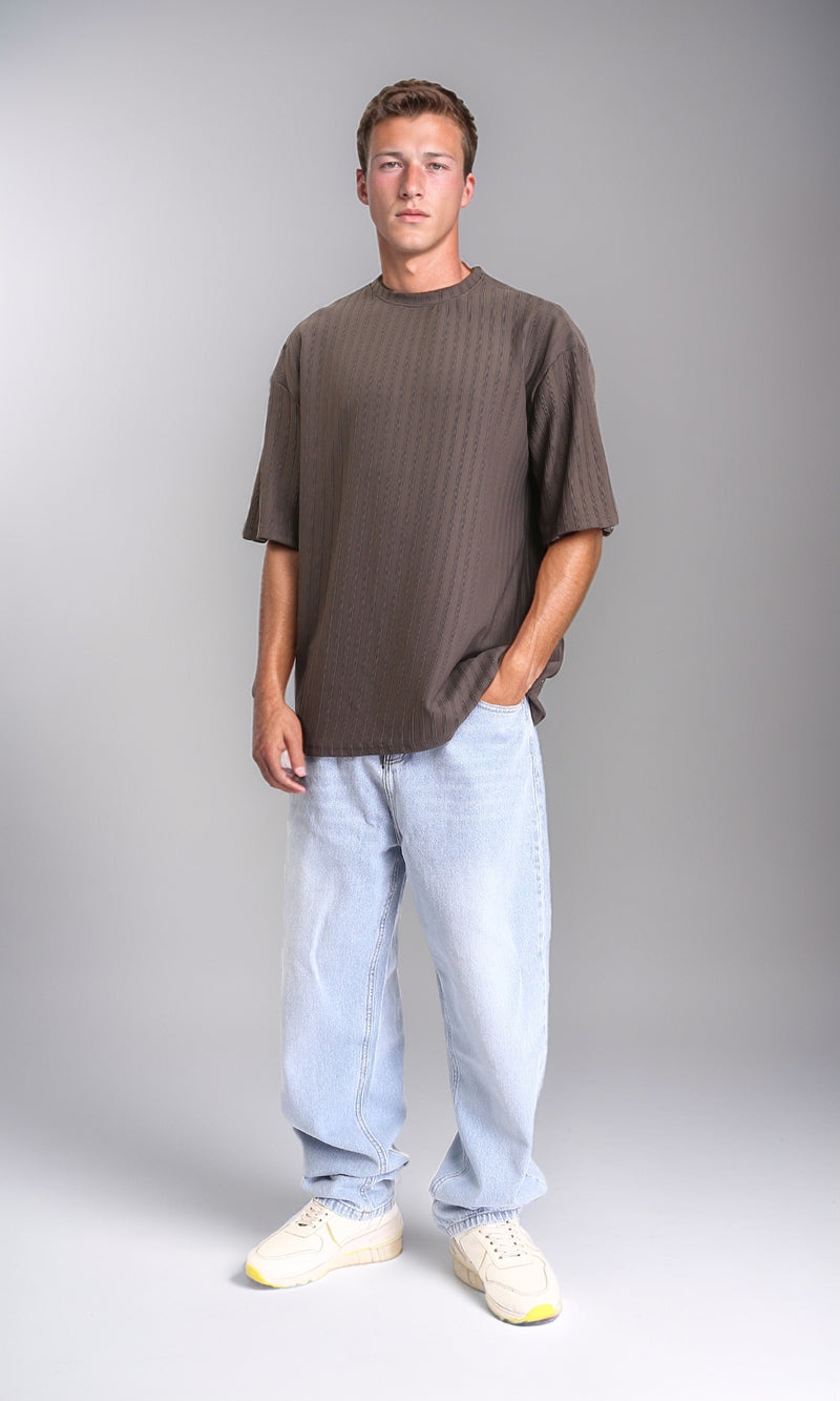 R212651 - Elbow Sleeves Striped Casual Tee - Taupe