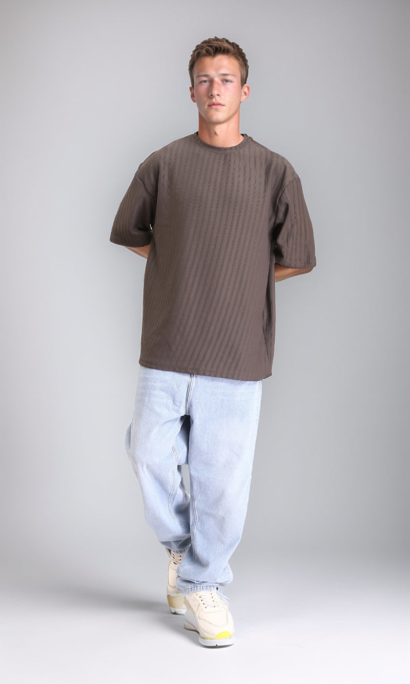 R212651 - Elbow Sleeves Striped Casual Tee - Taupe