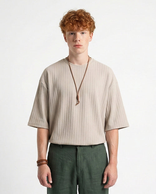 Elbow Sleeves Striped Casual Tee - Light Grey