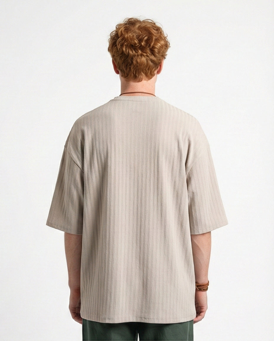 R212652 - Elbow Sleeves Striped Casual Tee - Light Grey