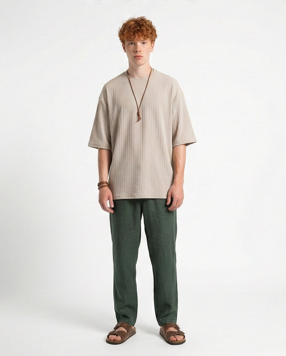 R212652 - Elbow Sleeves Striped Casual Tee - Light Grey
