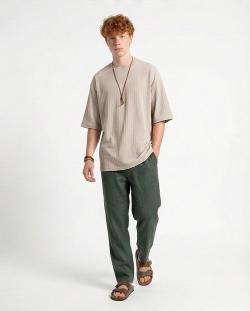 R212652 - Elbow Sleeves Striped Casual Tee - Light Grey