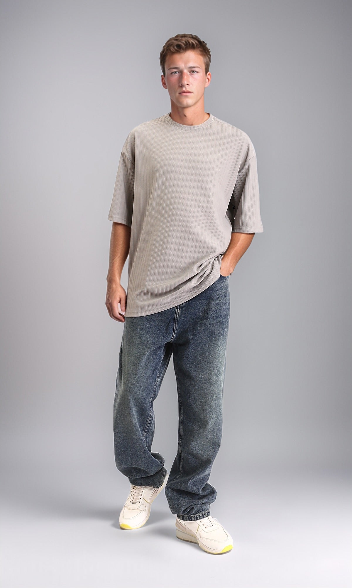 R212652 - Elbow Sleeves Striped Casual Tee - Light Grey
