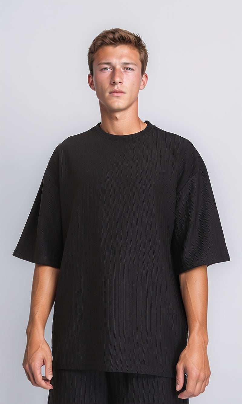 R212653 - Elbow Sleeves Striped Casual Tee - Black