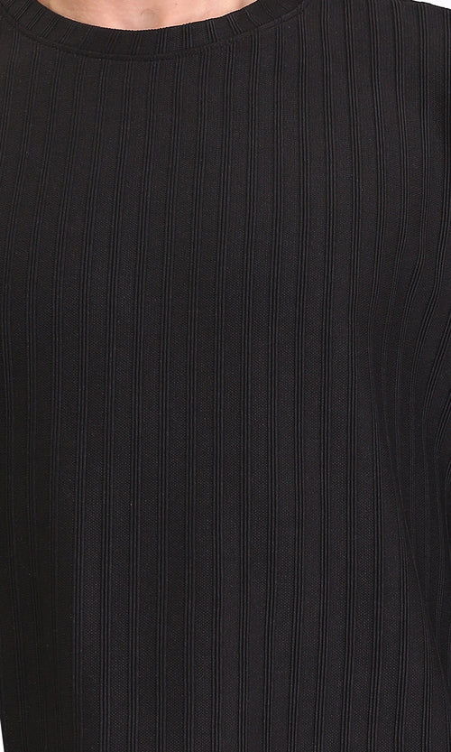 R212653 - Elbow Sleeves Striped Casual Tee - Black