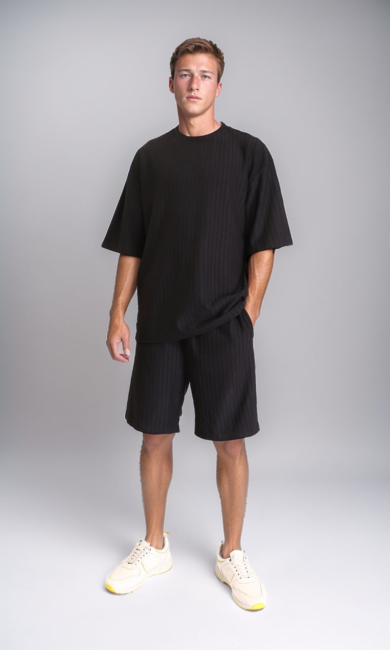 R212653 - Elbow Sleeves Striped Casual Tee - Black