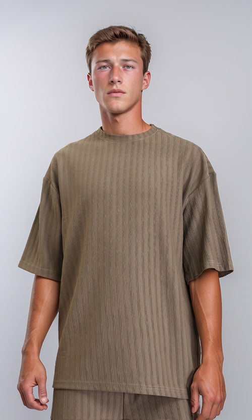 R212654 - Elbow Sleeves Striped Casual Tee - Dark Khaki
