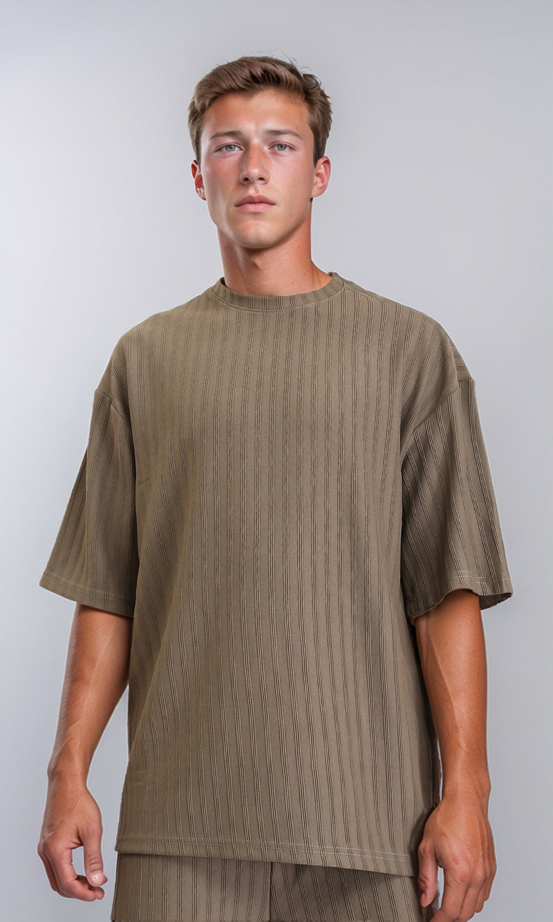 R212654 - Elbow Sleeves Striped Casual Tee - Dark Khaki