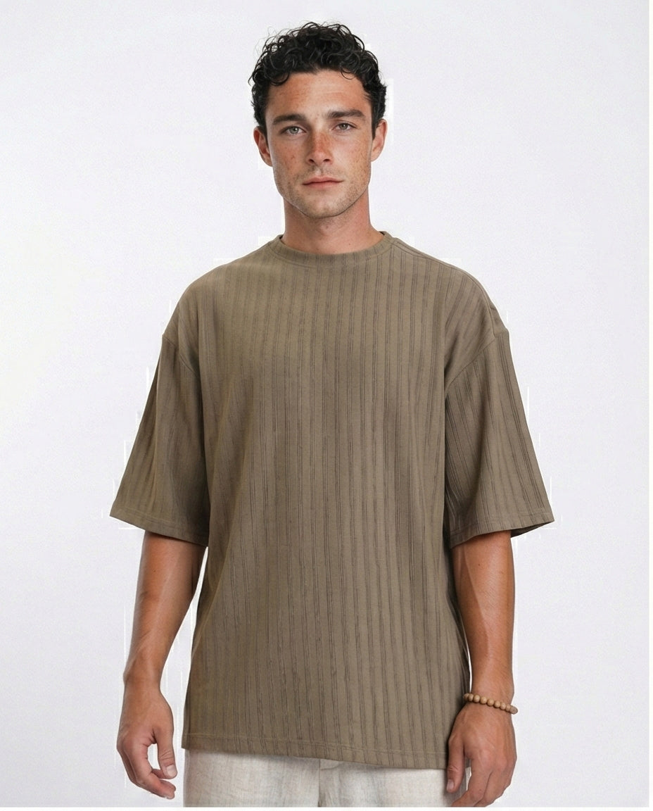 Elbow Sleeves Striped Casual Tee - Dark Khaki