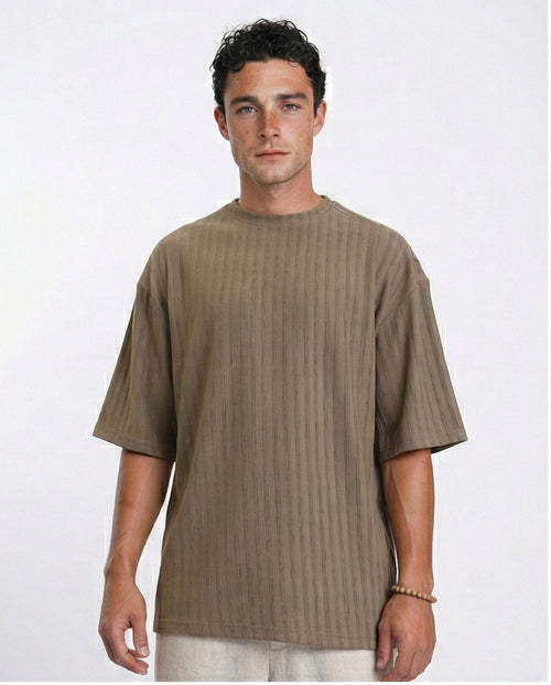 Elbow Sleeves Striped Casual Tee - Dark Khaki