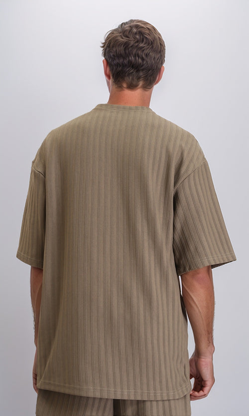 R212654 - Elbow Sleeves Striped Casual Tee - Dark Khaki