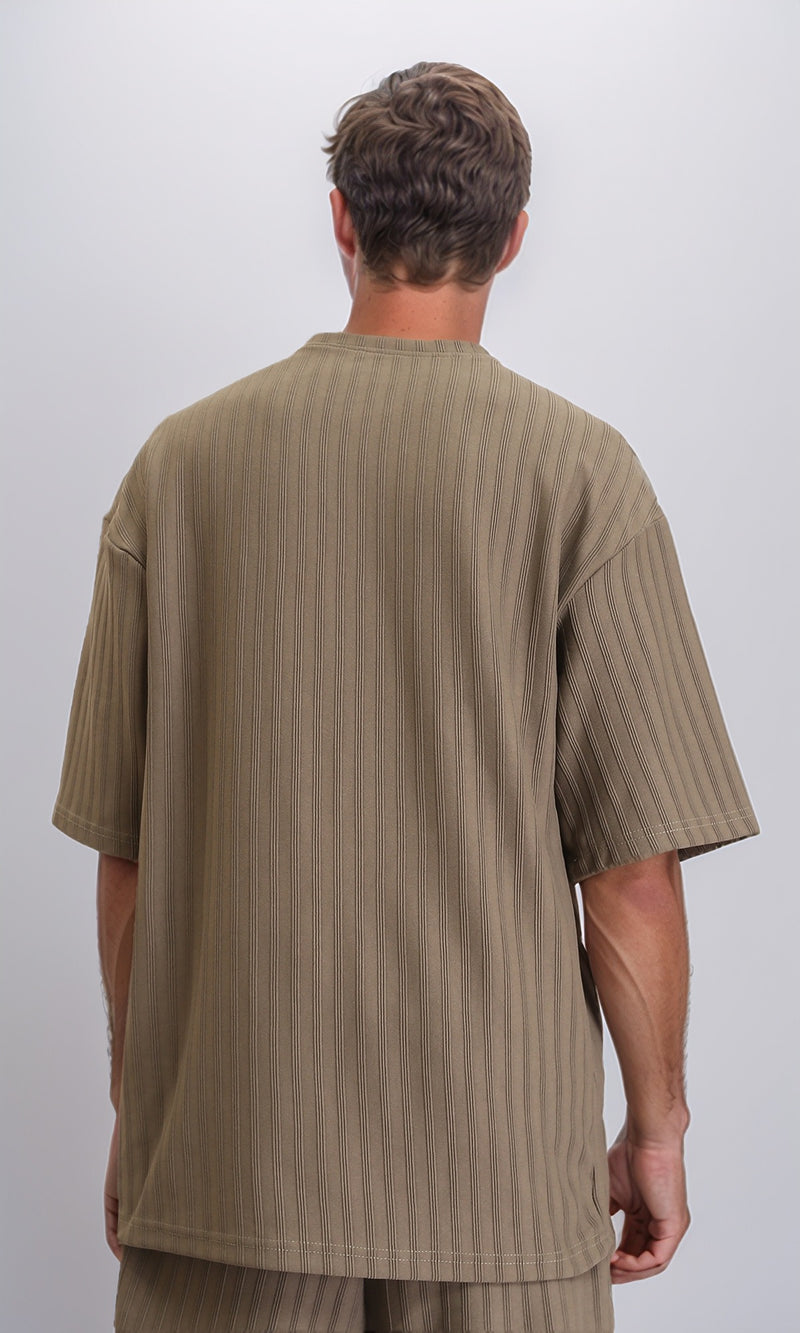 R212654 - Elbow Sleeves Striped Casual Tee - Dark Khaki