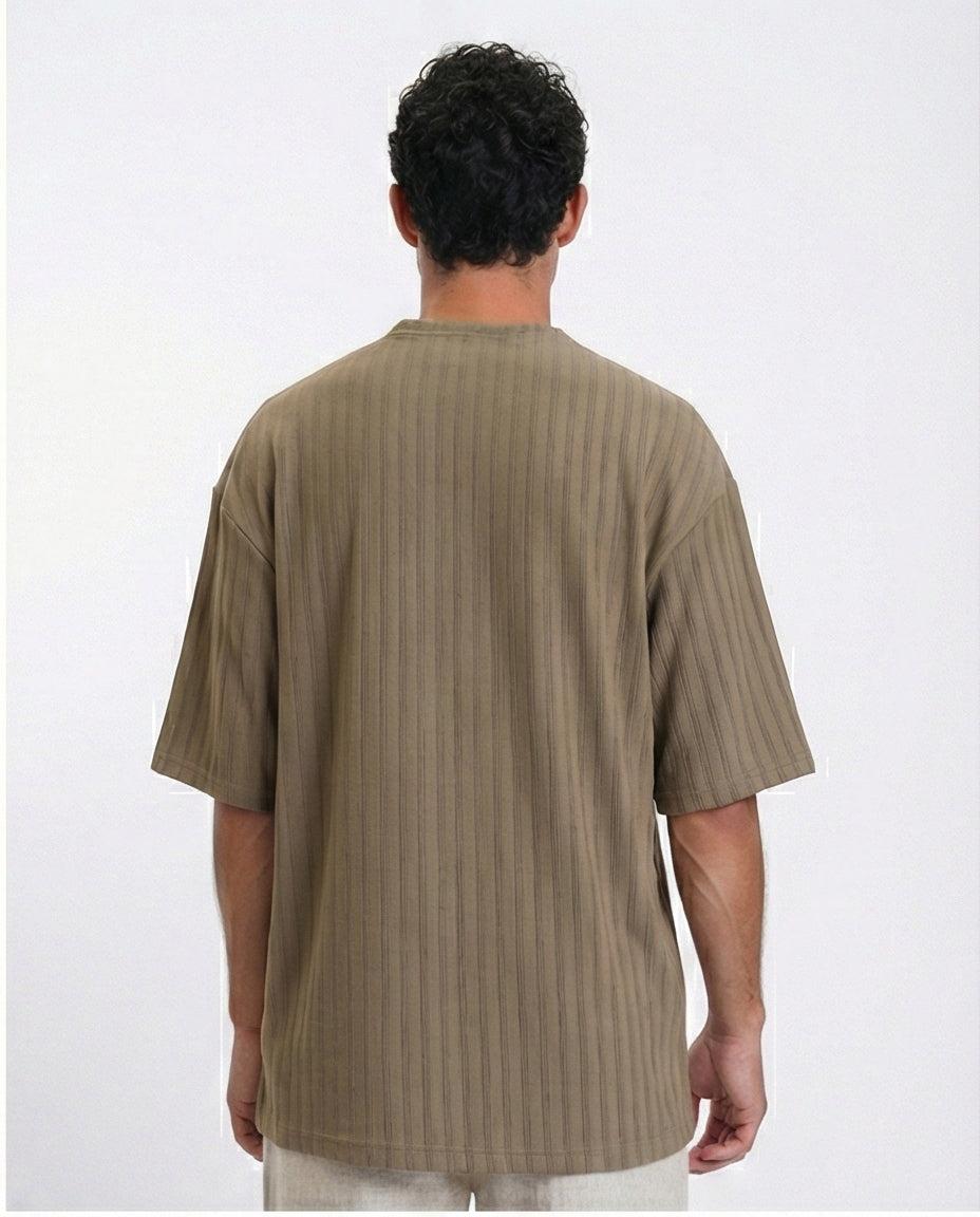 R212654 - Elbow Sleeves Striped Casual Tee - Dark Khaki