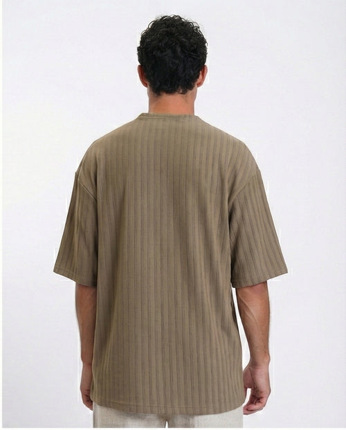 R212654 - تيشيرت كاجوال مخطط بأكمام مرفوعة - كاكي داكن